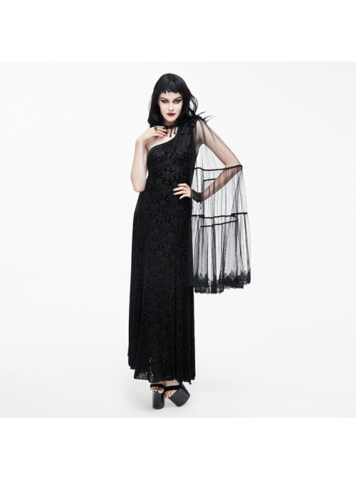 One-Shoulder Mesh Shawl Feather Lace Decoration Black Gothic Velvet Long Dress