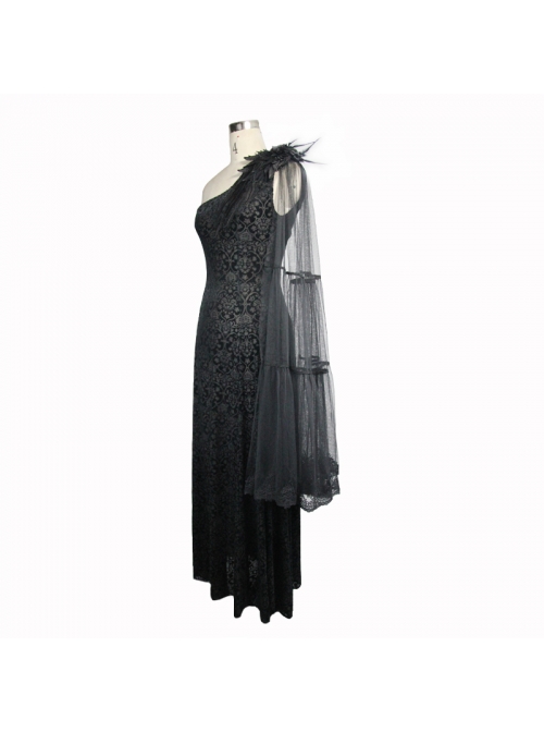 One-Shoulder Mesh Shawl Feather Lace Decoration Black Gothic Velvet Long Dress
