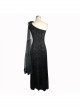 One-Shoulder Mesh Shawl Feather Lace Decoration Black Gothic Velvet Long Dress