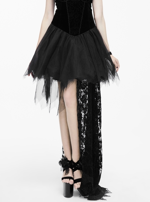 Front Chest Feather Multi-Layer Gauze Hem Flocking Rose Mesh Single Tail Black Gothic Velvet Dress