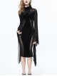 High Collar Front Chest Decals Splice Mesh Flare Sleeve Black Gothic Velvet Dress