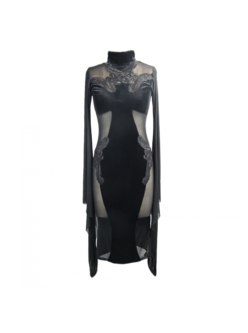 High Collar Front Chest Decals Splice Mesh Flare Sleeve Black Gothic Velvet Dress