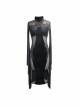 High Collar Front Chest Decals Splice Mesh Flare Sleeve Black Gothic Velvet Dress