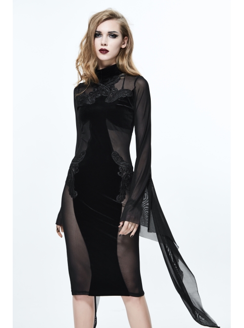 knee length dresses for ladies Black Mesh Long Sleeve Bodycon Dress - All Dresses