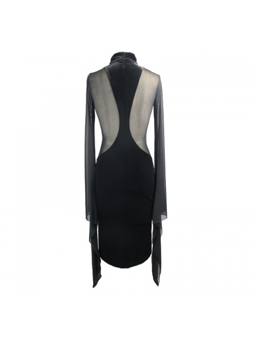 High Collar Front Chest Decals Splice Mesh Flare Sleeve Black Gothic Velvet Dress