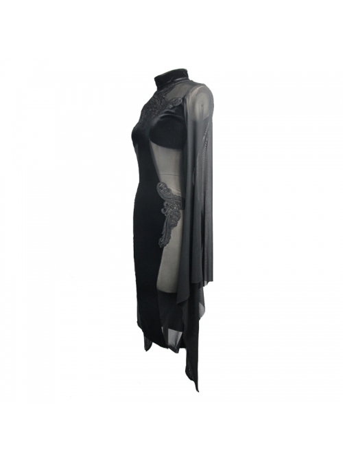 High Collar Front Chest Decals Splice Mesh Flare Sleeve Black Gothic Velvet Dress