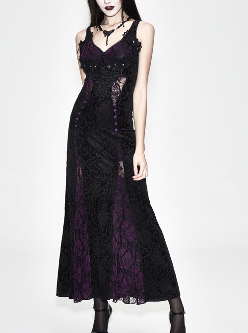 Front Beads Flower Decals Rose Button Back Lace-Up Purple Gothic Lace Long Dress