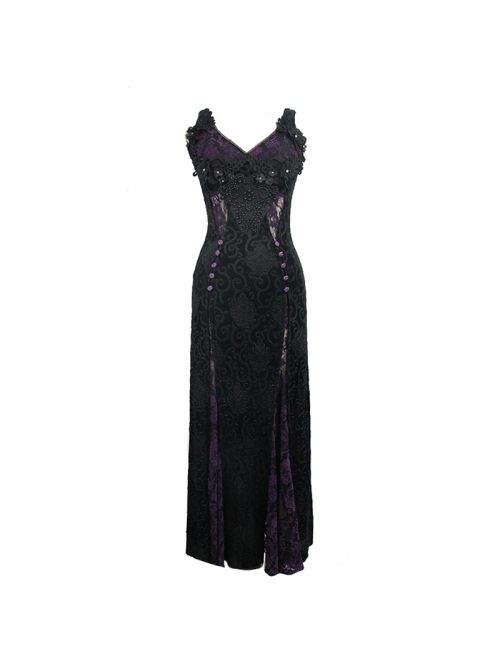 Front Beads Flower Decals Rose Button Back Lace-Up Purple Gothic Lace Long Dress