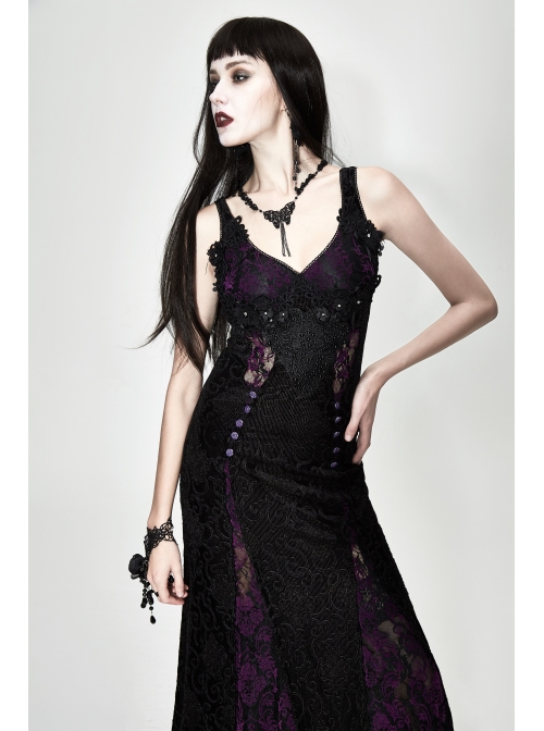 Front Beads Flower Decals Rose Button Back Lace-Up Purple Gothic Lace Long Dress