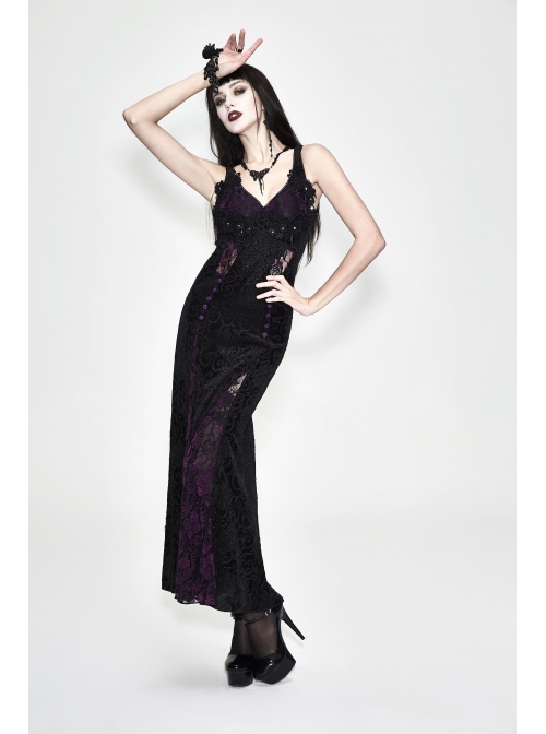Front Beads Flower Decals Rose Button Back Lace-Up Purple Gothic Lace Long Dress