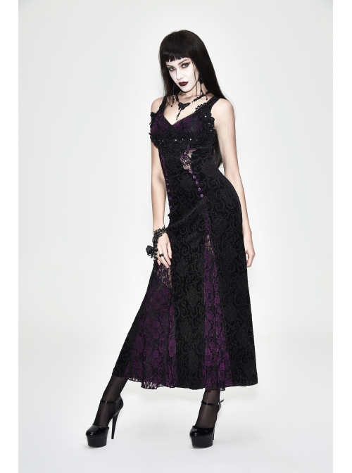 Front Beads Flower Decals Rose Button Back Lace-Up Purple Gothic Lace Long Dress