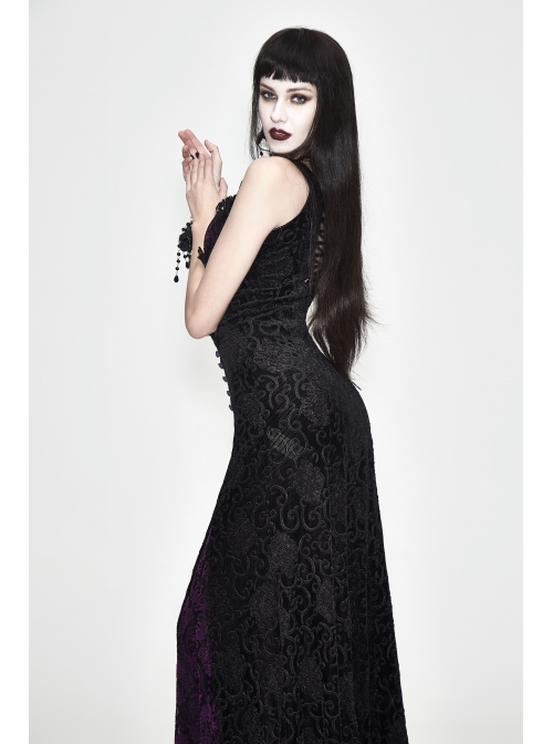 Front Beads Flower Decals Rose Button Back Lace-Up Purple Gothic Lace Long Dress