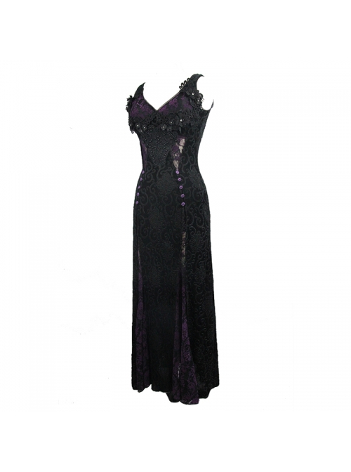 Front Beads Flower Decals Rose Button Back Lace-Up Purple Gothic Lace Long Dress