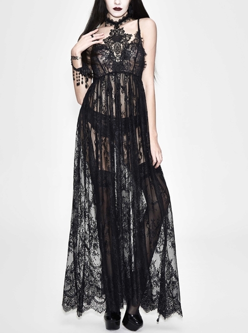 Front Chest Decals Black Gothic Transparent Positioning Pattern Lace Halter Sling Long Dress