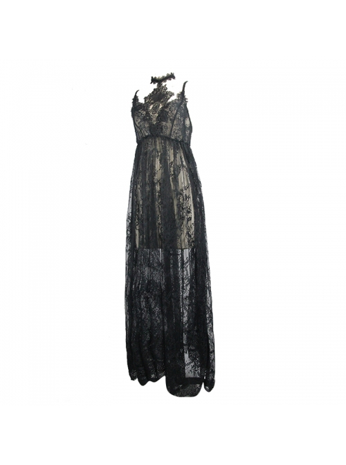 Front Chest Decals Black Gothic Transparent Positioning Pattern Lace Halter Sling Long Dress