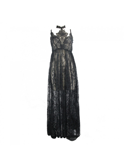 Front Chest Decals Black Gothic Transparent Positioning Pattern Lace Halter Sling Long Dress