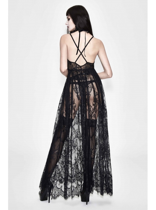 Front Chest Decals Black Gothic Transparent Positioning Pattern Lace Halter Sling Long Dress