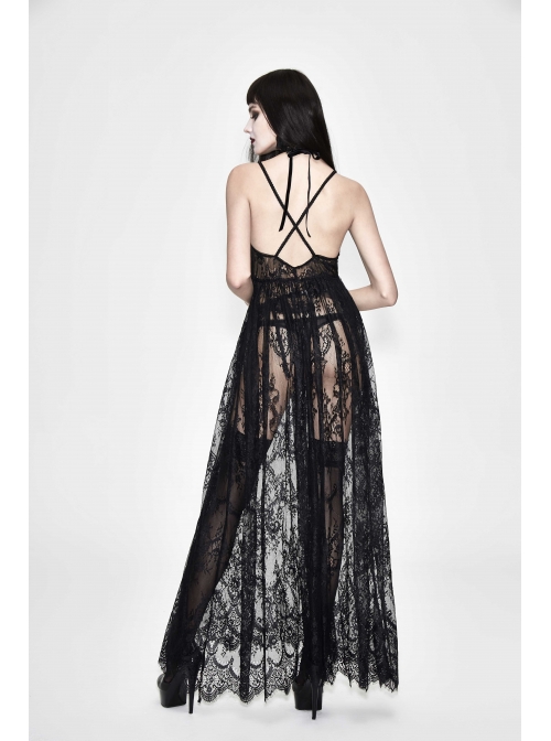 Front Chest Decals Black Gothic Transparent Positioning Pattern Lace Halter Sling Long Dress
