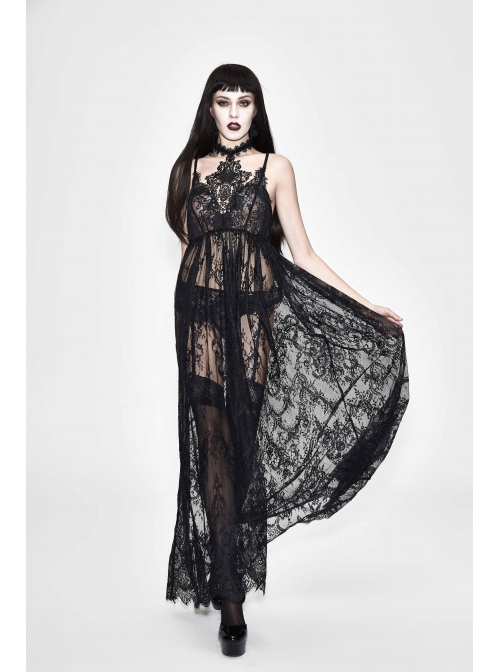 Front Chest Decals Black Gothic Transparent Positioning Pattern Lace Halter Sling Long Dress