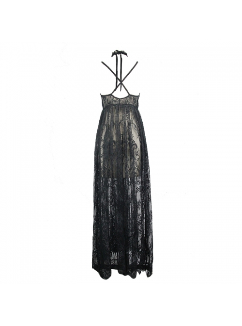 Front Chest Decals Black Gothic Transparent Positioning Pattern Lace Halter Sling Long Dress
