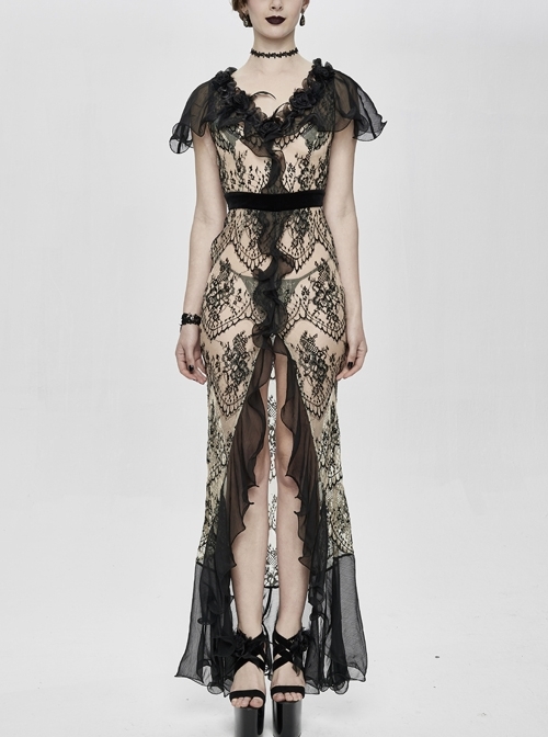 V-Neck Short Sleeve Lace Fishtail Light Brown Gothic Floor-Length Chiffon Long Dress