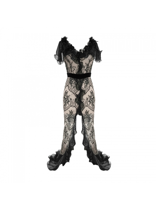 V-Neck Short Sleeve Lace Fishtail Light Brown Gothic Floor-Length Chiffon Long Dress