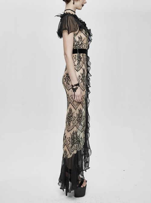 V-Neck Short Sleeve Lace Fishtail Light Brown Gothic Floor-Length Chiffon Long Dress
