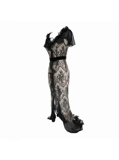 V-Neck Short Sleeve Lace Fishtail Light Brown Gothic Floor-Length Chiffon Long Dress