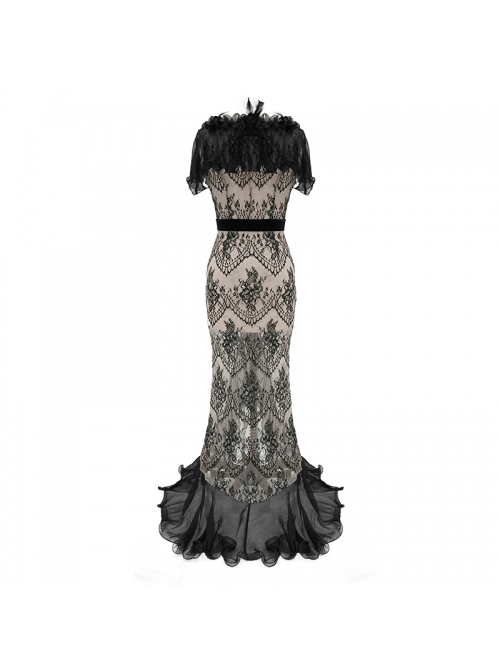 V-Neck Short Sleeve Lace Fishtail Light Brown Gothic Floor-Length Chiffon Long Dress
