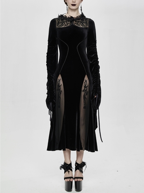 Front Chest Decals Back Splice Mesh Lace-Up Flare Sleeve Black Gothic Flocking Dress