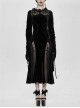 Front Chest Decals Back Splice Mesh Lace-Up Flare Sleeve Black Gothic Flocking Dress