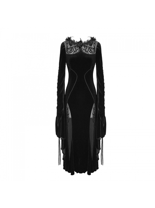 Front Chest Decals Back Splice Mesh Lace-Up Flare Sleeve Black Gothic Flocking Dress