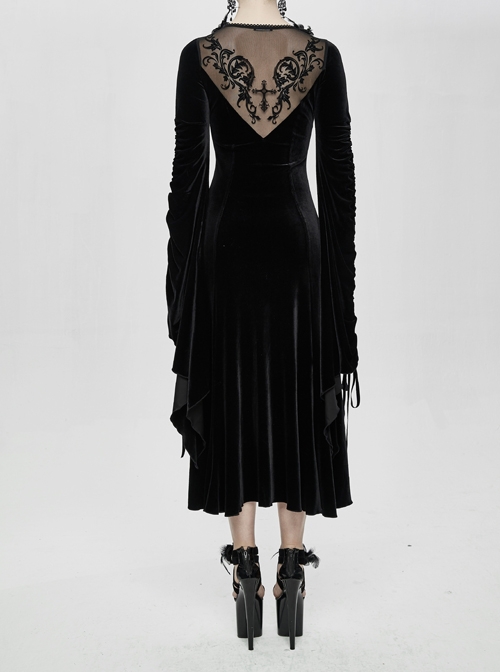 Front Chest Decals Back Splice Mesh Lace-Up Flare Sleeve Black Gothic Flocking Dress
