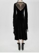Front Chest Decals Back Splice Mesh Lace-Up Flare Sleeve Black Gothic Flocking Dress