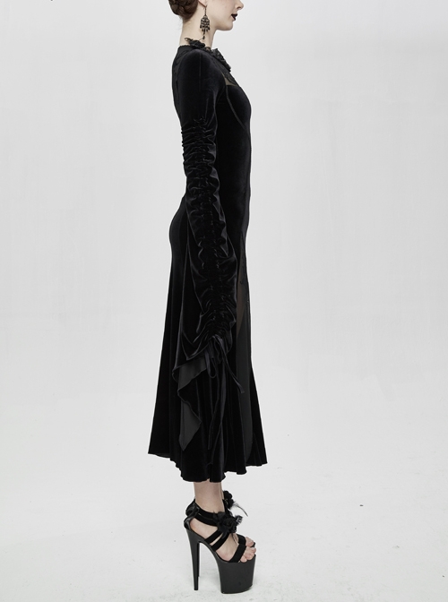Front Chest Decals Back Splice Mesh Lace-Up Flare Sleeve Black Gothic Flocking Dress