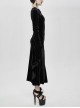 Front Chest Decals Back Splice Mesh Lace-Up Flare Sleeve Black Gothic Flocking Dress