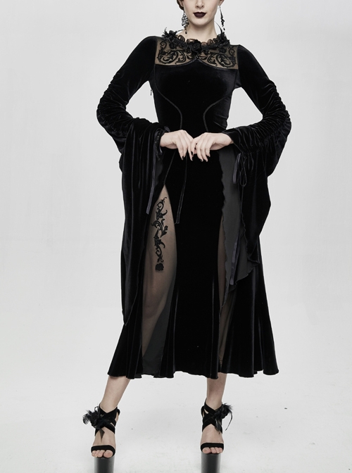 Front Chest Decals Back Splice Mesh Lace-Up Flare Sleeve Black Gothic Flocking Dress