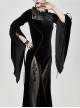 Front Chest Decals Back Splice Mesh Lace-Up Flare Sleeve Black Gothic Flocking Dress