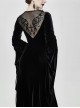 Front Chest Decals Back Splice Mesh Lace-Up Flare Sleeve Black Gothic Flocking Dress