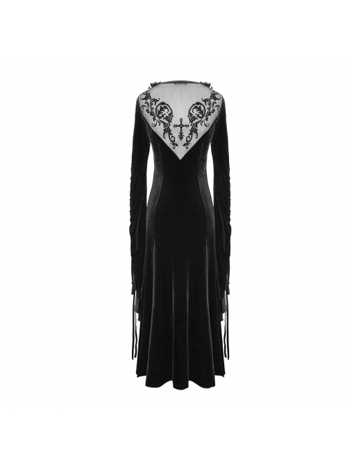 Front Chest Decals Back Splice Mesh Lace-Up Flare Sleeve Black Gothic Flocking Dress