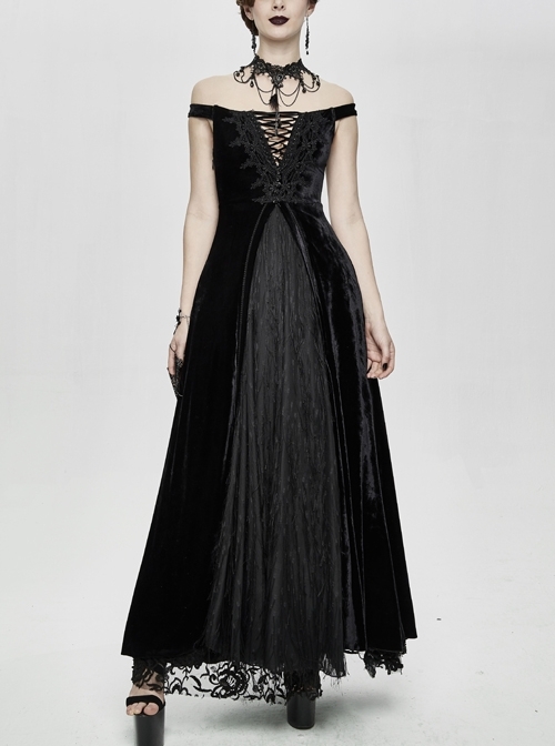 Flat Shoulder Front Chest Decals Lace-Up Splice Tassels Chiffon Black Gothic Velvet Long Dress