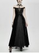 Flat Shoulder Front Chest Decals Lace-Up Splice Tassels Chiffon Black Gothic Velvet Long Dress