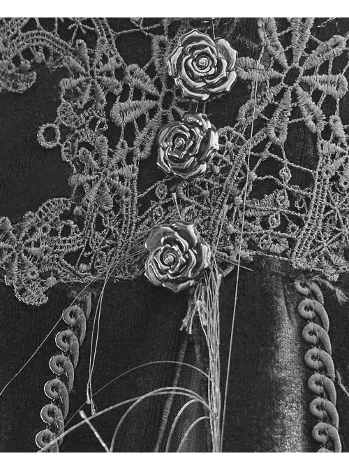 Flat Shoulder Front Chest Decals Lace-Up Splice Tassels Chiffon Black Gothic Velvet Long Dress