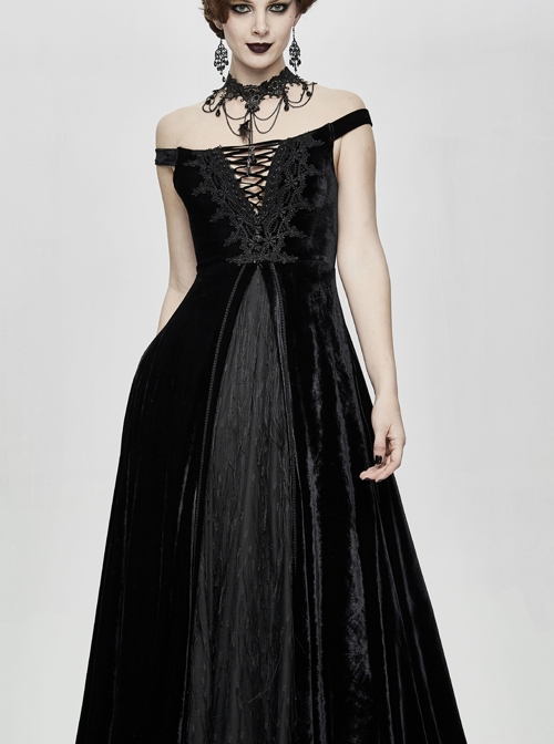 Flat Shoulder Front Chest Decals Lace-Up Splice Tassels Chiffon Black Gothic Velvet Long Dress