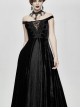 Flat Shoulder Front Chest Decals Lace-Up Splice Tassels Chiffon Black Gothic Velvet Long Dress