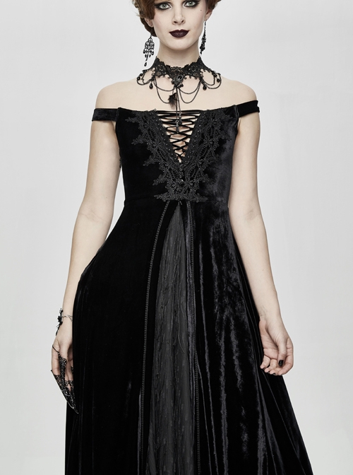 Flat Shoulder Front Chest Decals Lace-Up Splice Tassels Chiffon Black Gothic Velvet Long Dress