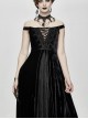 Flat Shoulder Front Chest Decals Lace-Up Splice Tassels Chiffon Black Gothic Velvet Long Dress