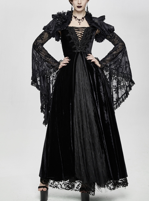 Flat Shoulder Front Chest Decals Lace-Up Splice Tassels Chiffon Black Gothic Velvet Long Dress