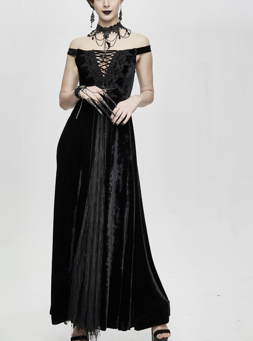 Flat Shoulder Front Chest Decals Lace-Up Splice Tassels Chiffon Black Gothic Velvet Long Dress