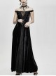 Flat Shoulder Front Chest Decals Lace-Up Splice Tassels Chiffon Black Gothic Velvet Long Dress